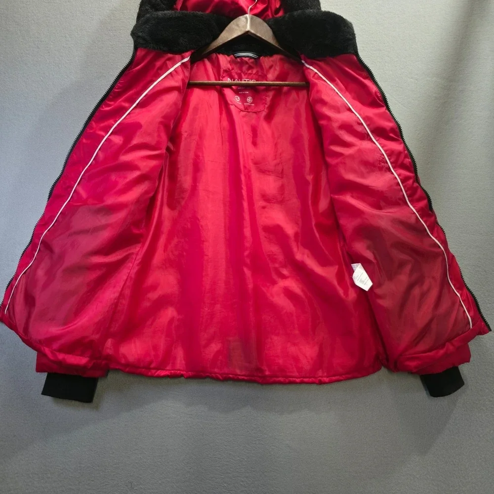 Nautica Women's Red Quilted Puffer Jacket – Faux-Fur Collar Hooded‎ Size Medium